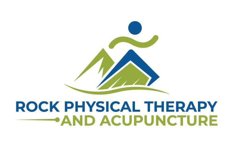 Logo for Rock Physical Therapy and Acupuncture, featuring abstract blue and green mountains and a stylized human figure above the text.