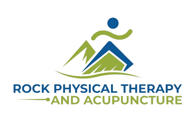 Logo for "Rock Physical Therapy and Acupuncture" featuring a stylized figure, mountains, and green and blue text.